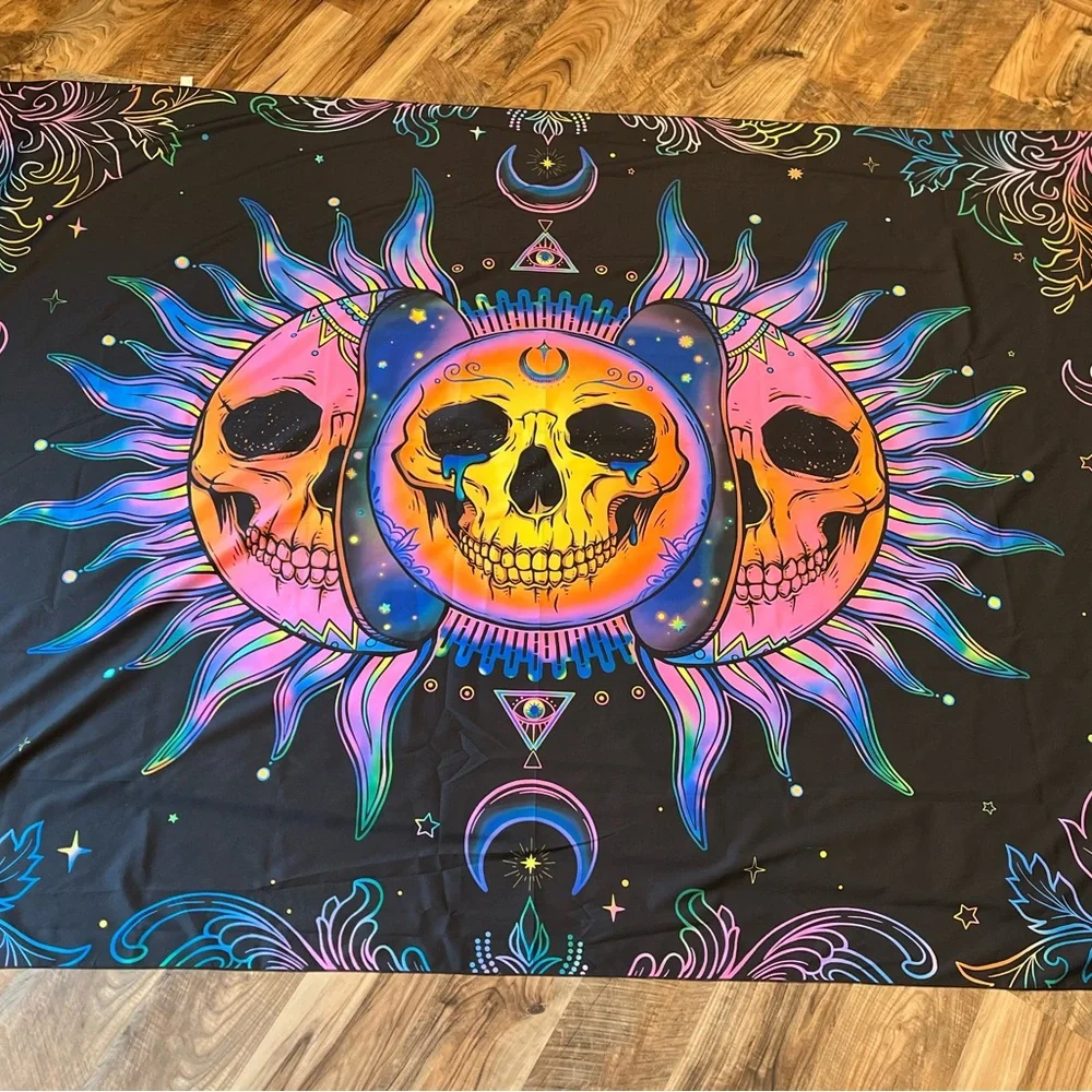 Psychedelic Triple Moon Skull Tapestry - Neon Sunset Colors 80” X 57” Large